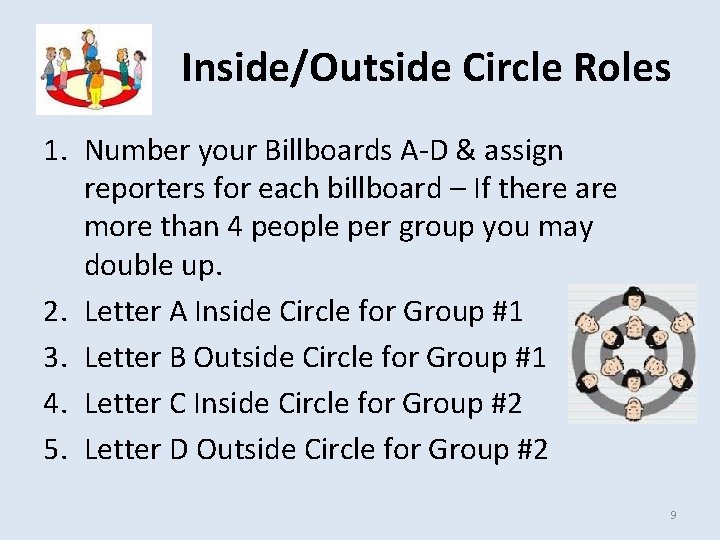 Inside/Outside Circle Roles 1. Number your Billboards A-D & assign reporters for each billboard