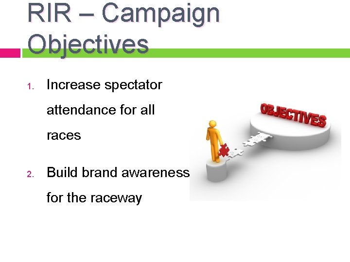 RIR – Campaign Objectives 1. Increase spectator attendance for all races 2. Build brand