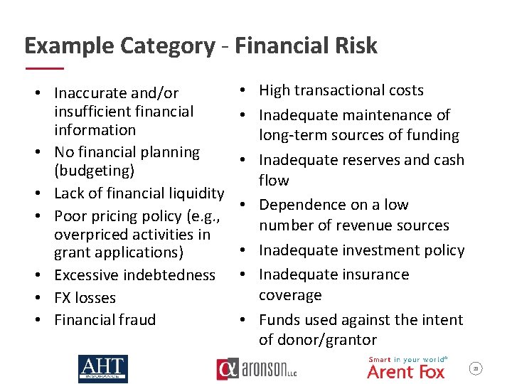 Example Category - Financial Risk • Inaccurate and/or insufficient financial information • No financial