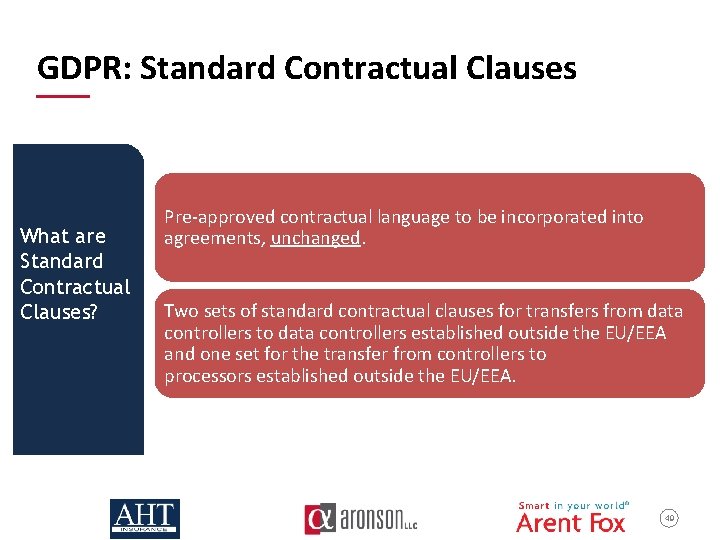  GDPR: Standard Contractual Clauses What are Standard Contractual Clauses? Pre-approved contractual language to