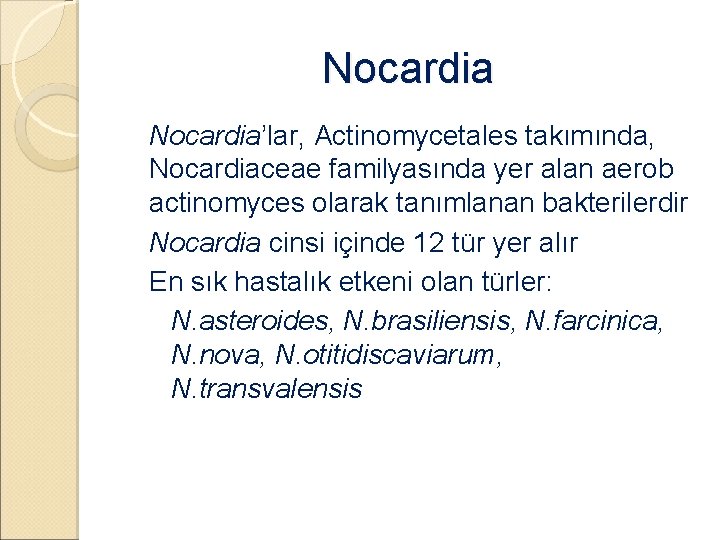 Nocardia �Nocardia’lar, Actinomycetales takımında, Nocardiaceae familyasında yer alan aerob actinomyces olarak tanımlanan bakterilerdir �Nocardia