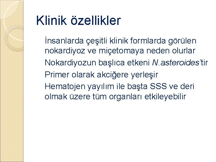 Klinik özellikler �İnsanlarda çeşitli klinik formlarda görülen nokardiyoz ve miçetomaya neden olurlar �Nokardiyozun başlıca