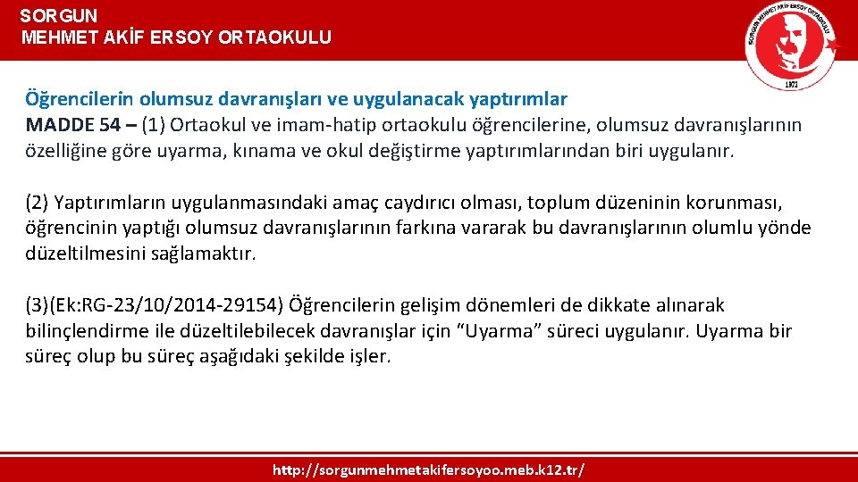  SORGUN MEHMET AKİF ERSOY ORTAOKULU Öğrencilerin olumsuz davranışları ve uygulanacak yaptırımlar MADDE 54