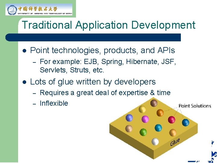 Traditional Application Development l Point technologies, products, and APIs – l For example: EJB,