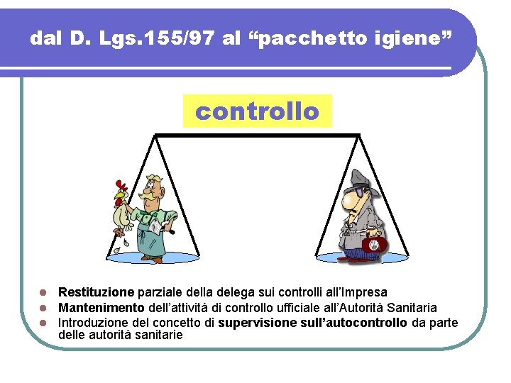 dal D. Lgs. 155/97 al “pacchetto igiene” controllo l l l Restituzione parziale della