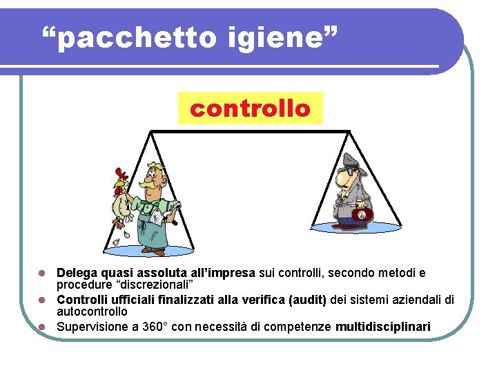 “pacchetto igiene” controllo Delega quasi assoluta all’impresa sui controlli, secondo metodi e procedure “discrezionali”