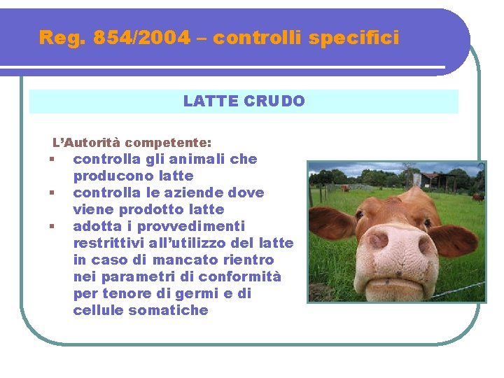 Reg. 854/2004 – controlli specifici LATTE CRUDO L’Autorità competente: § § § controlla gli