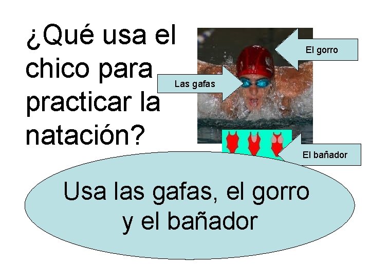 ¿Qué usa el chico para practicar la natación? El gorro Las gafas El bañador