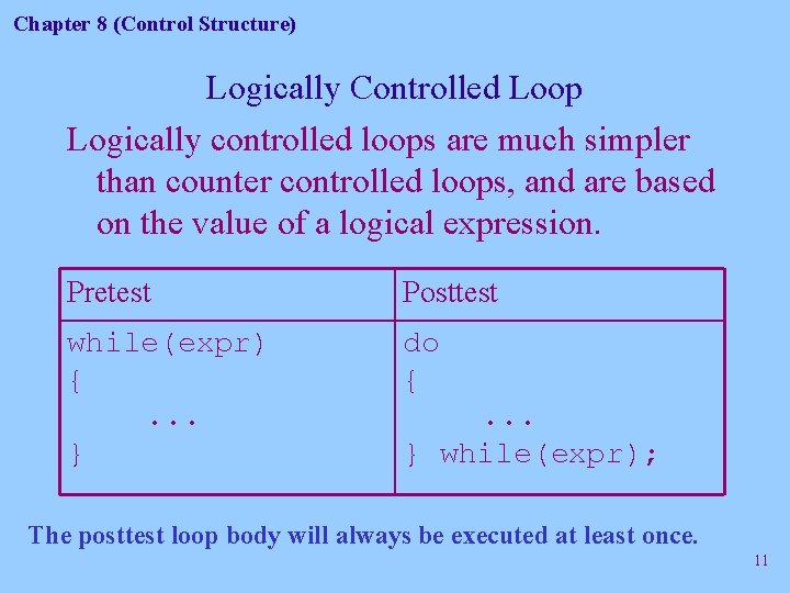 Chapter 8 (Control Structure) Logically Controlled Loop Logically controlled loops are much simpler than