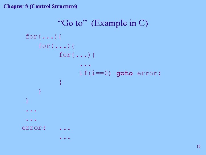 Chapter 8 (Control Structure) “Go to” (Example in C) for(. . . ){. .