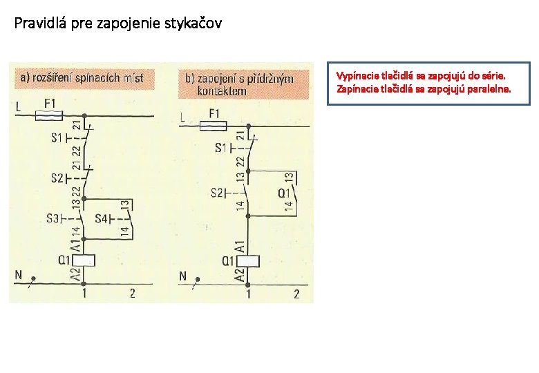 Pravidlá pre zapojenie stykačov Vypínacie tlačidlá sa zapojujú do série. Zapínacie tlačidlá sa zapojujú