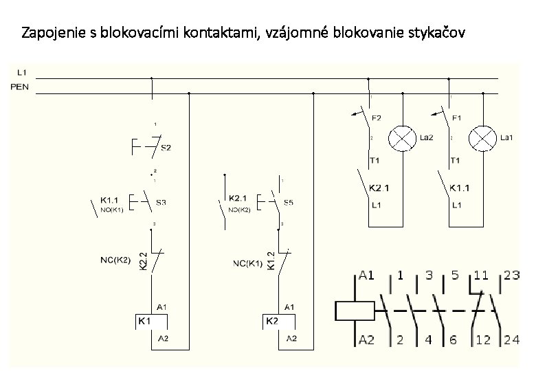 Zapojenie s blokovacími kontaktami, vzájomné blokovanie stykačov 