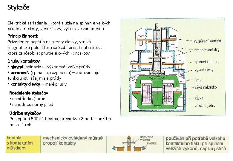 Stykače Elektrické zariadenia , ktoré slúžia na spínanie veľkých prúdov (motory, generátory, výkonové zariadenia) Stykače Elektrické zariadenia , ktoré slúžia na spínanie veľkých prúdov (motory, generátory, výkonové zariadenia)