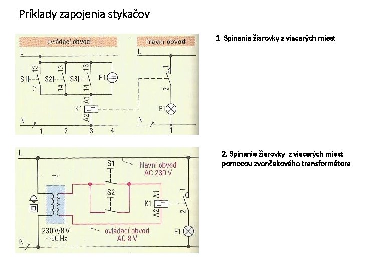 Príklady zapojenia stykačov 1. Spínanie žiarovky z viacerých miest 2. Spínanie žiarovky z viacerých