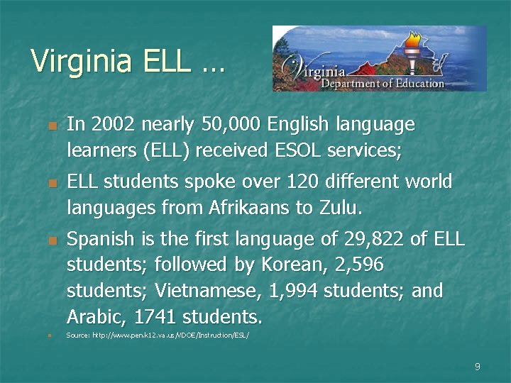 Virginia ELL … n n In 2002 nearly 50, 000 English language learners (ELL)