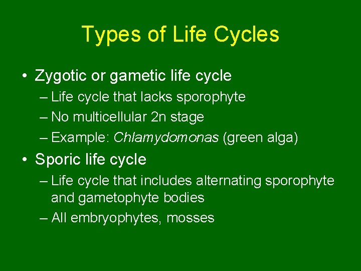 Types of Life Cycles • Zygotic or gametic life cycle – Life cycle that