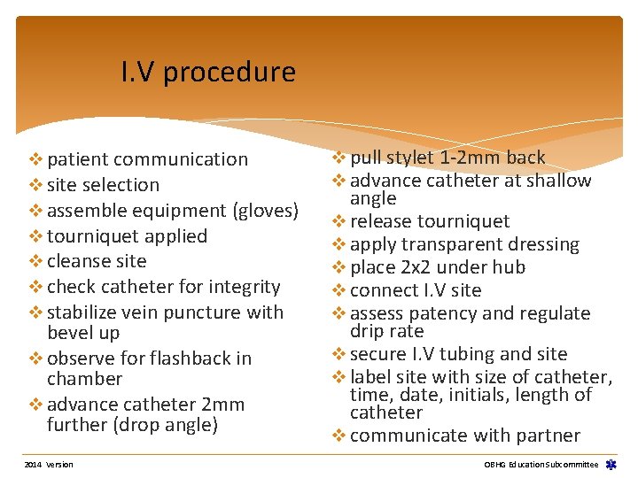 I. V procedure v patient communication v site selection v assemble equipment (gloves) v
