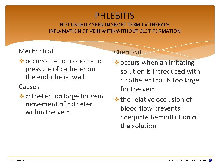 PHLEBITIS NOT USUALLY SEEN IN SHORT TERM I. V THERAPY INFLAMATION OF VEIN WITH/WITHOUT