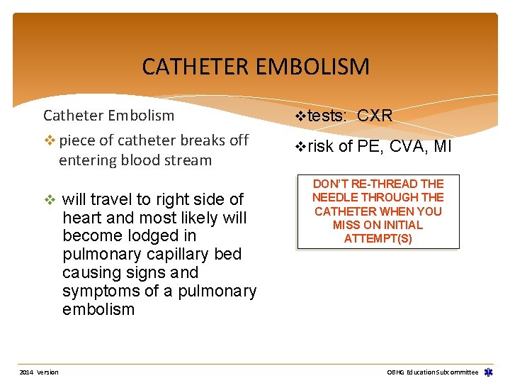 CATHETER EMBOLISM Catheter Embolism v piece of catheter breaks off entering blood stream v