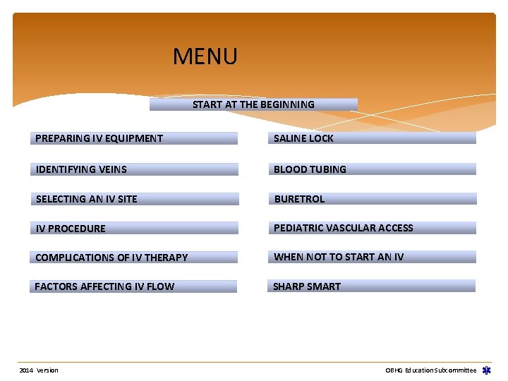 MENU START AT THE BEGINNING PREPARING IV EQUIPMENT SALINE LOCK IDENTIFYING VEINS BLOOD TUBING