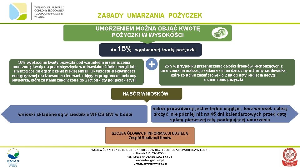 ZASADY UMARZANIA POŻYCZEK UMORZENIEM MOŻNA OBJĄĆ KWOTĘ POŻYCZKI W WYSOKOŚCI do 15% wypłaconej kwoty