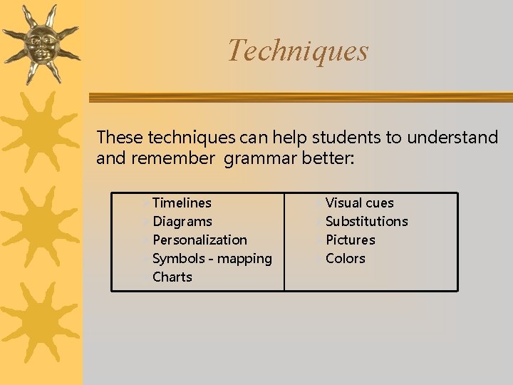 Techniques These techniques can help students to understand remember grammar better: ØTimelines ØDiagrams ØPersonalization
