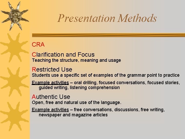 Presentation Methods CRA Clarification and Focus Teaching the structure, meaning and usage Restricted Use