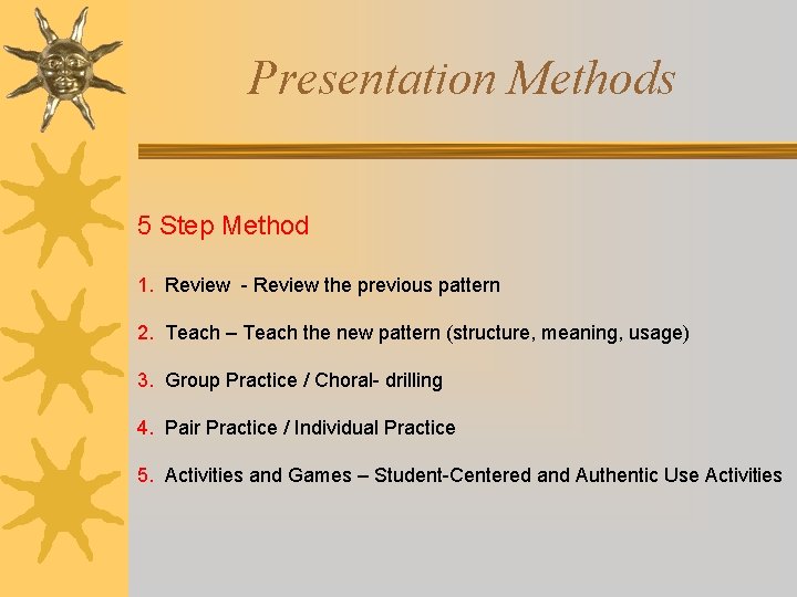 Presentation Methods 5 Step Method 1. Review - Review the previous pattern 2. Teach