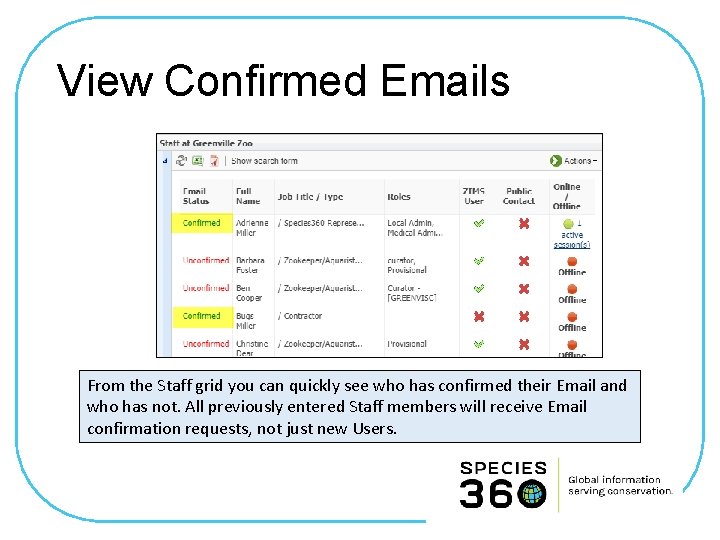 View Confirmed Emails From the Staff grid you can quickly see who has confirmed