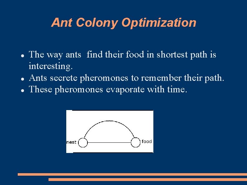 Ant Colony Optimization The way ants find their food in shortest path is interesting.