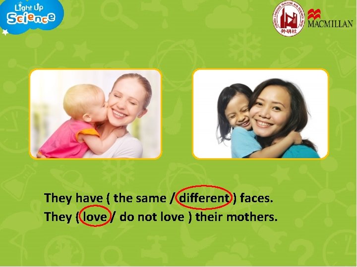 They have ( the same / different ) faces. They ( love / do