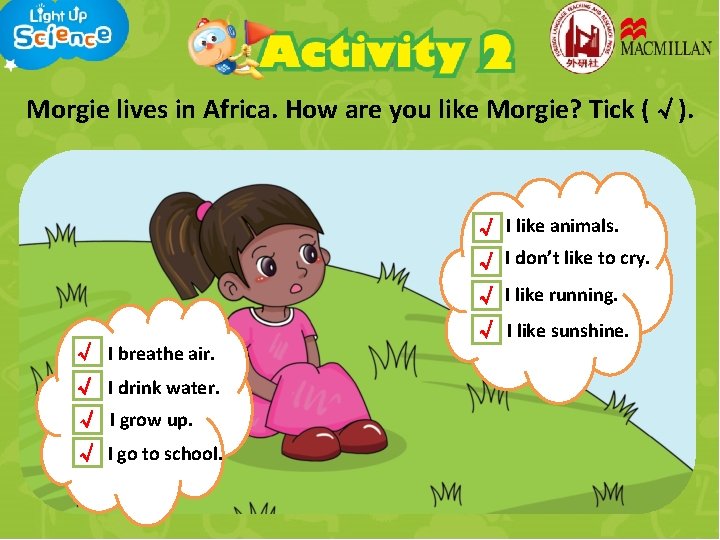 Morgie lives in Africa. How are you like Morgie? Tick (√). √ √ I