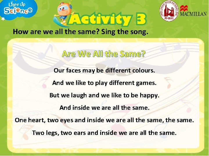 How are we all the same? Sing the song. Are We All the Same?