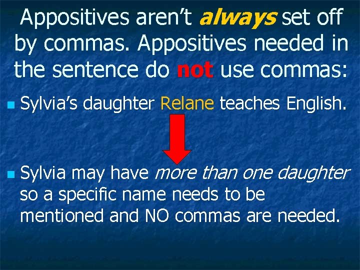 Appositives aren’t always set off by commas. Appositives needed in the sentence do not