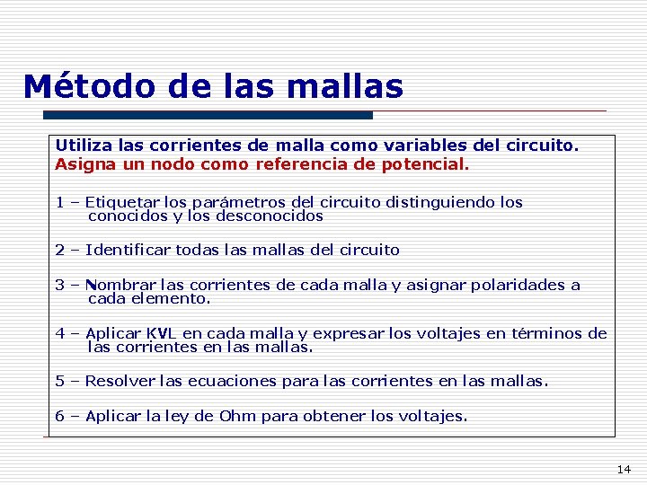 Método de las mallas Utiliza las corrientes de malla como variables del circuito. Asigna