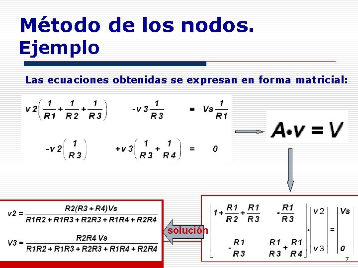 Método de los nodos. Ejemplo Las ecuaciones obtenidas se expresan en forma matricial: solución