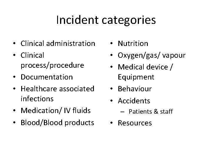 Incident categories • Clinical administration • Clinical process/procedure • Documentation • Healthcare associated infections