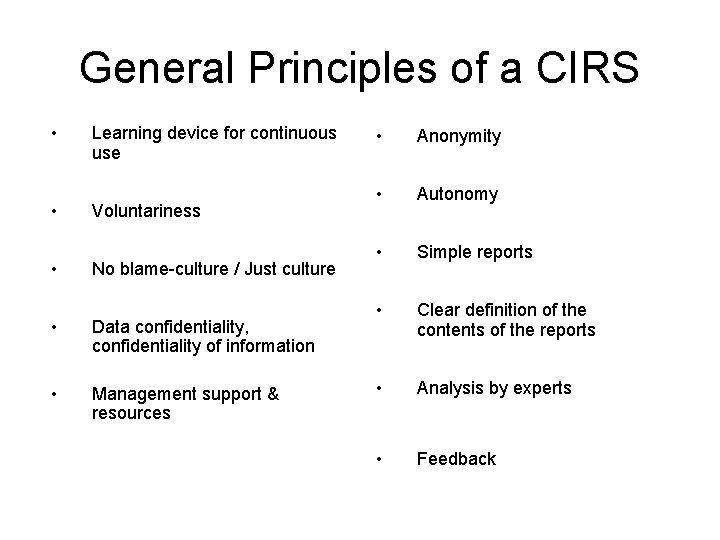 General Principles of a CIRS • • • Learning device for continuous use Voluntariness