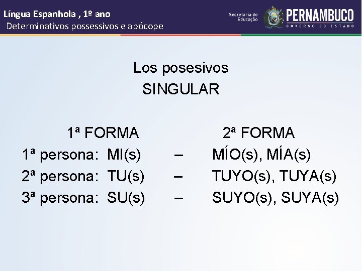 Língua Espanhola , 1º ano Determinativos possessivos e apócope Los posesivos SINGULAR 1ª FORMA