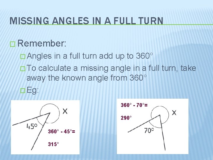 MISSING ANGLES IN A FULL TURN � Remember: � Angles in a full turn