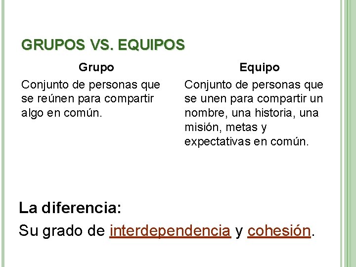 GRUPOS VS. EQUIPOS Grupo Conjunto de personas que se reúnen para compartir algo en