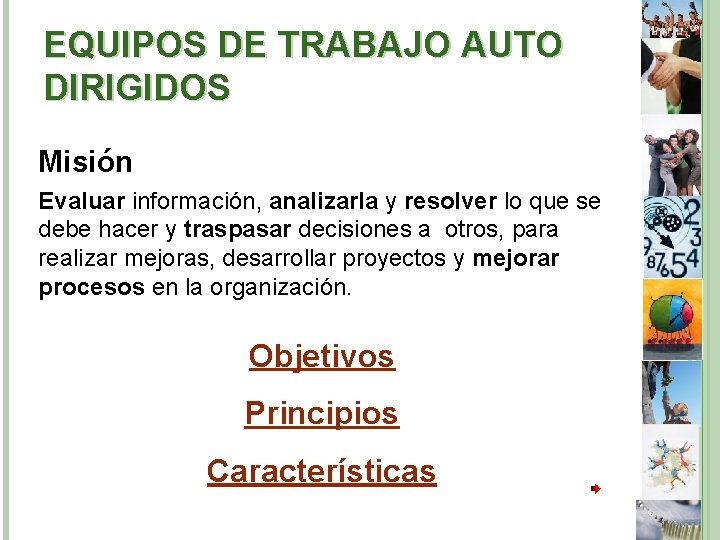 EQUIPOS DE TRABAJO AUTO DIRIGIDOS Misión Evaluar información, analizarla y resolver lo que se