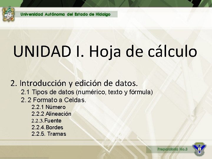 UNIDAD I. Hoja de cálculo 2. Introducción y edición de datos. 2. 1 Tipos