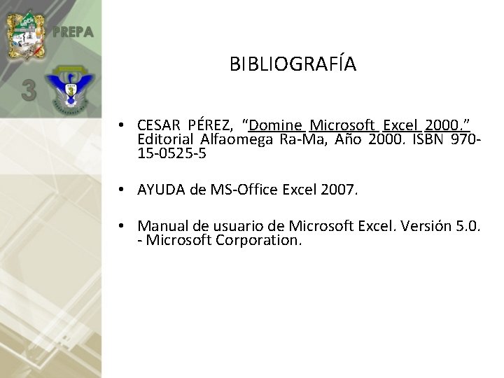 BIBLIOGRAFÍA • CESAR PÉREZ, “Domine Microsoft Excel 2000. ” Editorial Alfaomega Ra-Ma, Año 2000.