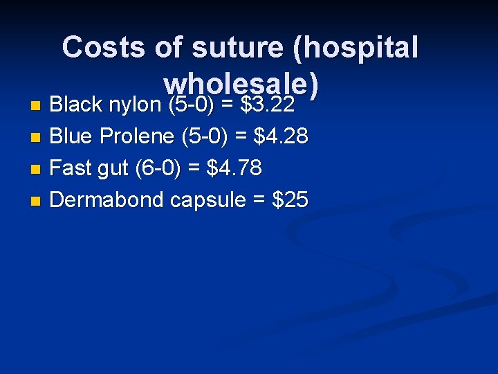 Costs of suture (hospital wholesale) Black nylon (5 -0) = $3. 22 n Blue