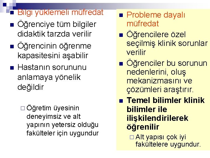 n n Bilgi yüklemeli müfredat Öğrenciye tüm bilgiler didaktik tarzda verilir Öğrencinin öğrenme kapasitesini