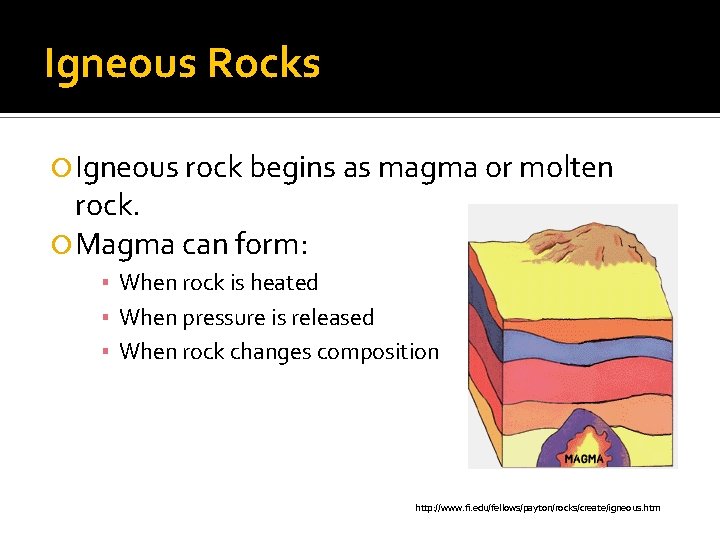 Igneous Rocks Igneous rock begins as magma or molten rock. Magma can form: ▪