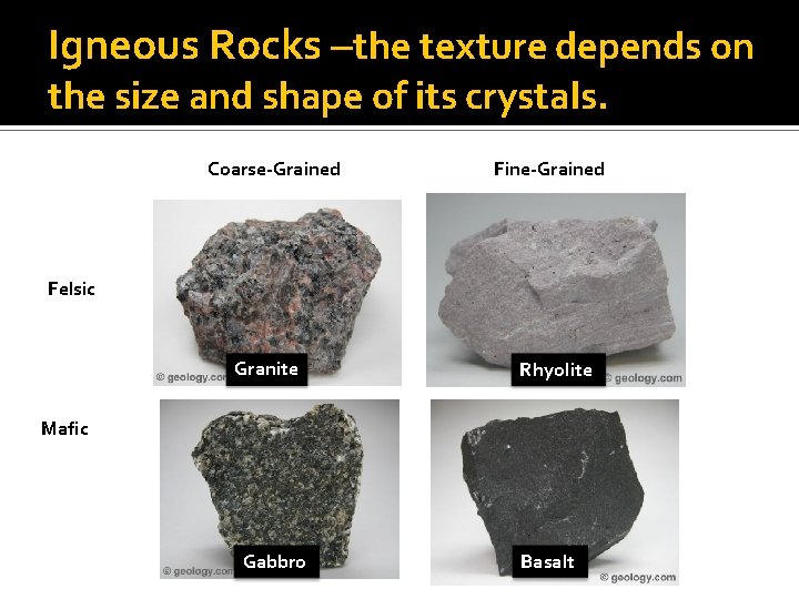 Igneous Rocks –the texture depends on the size and shape of its crystals. Coarse-Grained