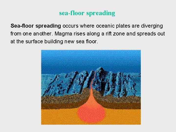 sea-floor spreading Sea-floor spreading occurs where oceanic plates are diverging from one another. Magma