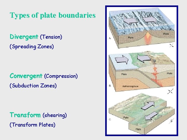 Types of plate boundaries Divergent (Tension) (Spreading Zones) Convergent (Compression) (Subduction Zones) Transform (shearing)